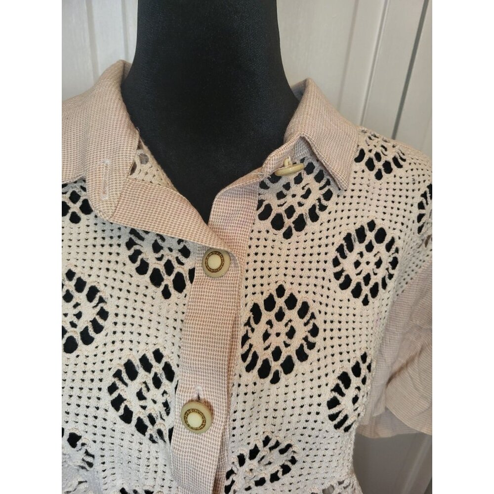 Vtg 90's Pink White Gingham Crochet Cropped Button Up 16 Cottage Fairy Coquette - Picture 8 of 9